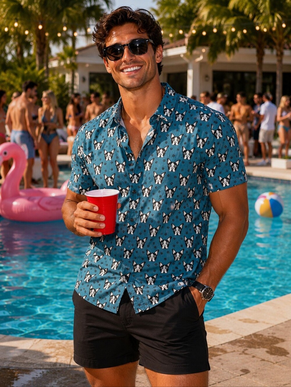 Vatpave Teal Short-Sleeve Button-Down Shirt with Bull Dog Print. Size S